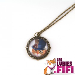 Collier chat : chat steampunk et son haut de forme bleu