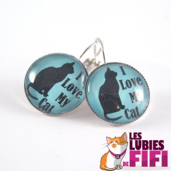 Boucle d’oreille chat : I love my cat sur fond turquoise