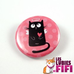 Badge chat : chat noir petit ange, version rose