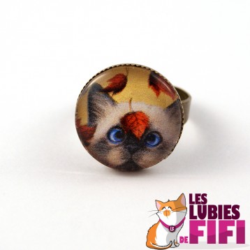 Bague chat : Chat et feuilles d'automne