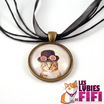 Collier chat steampunk : le chat et son chapeau melon