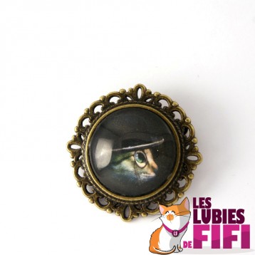 Broche chat steampunk : chat et son chapeau bleu