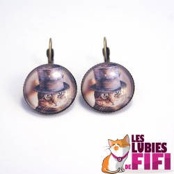 Boucle d'oreille chat steampunk : chat et son chapeau bleu