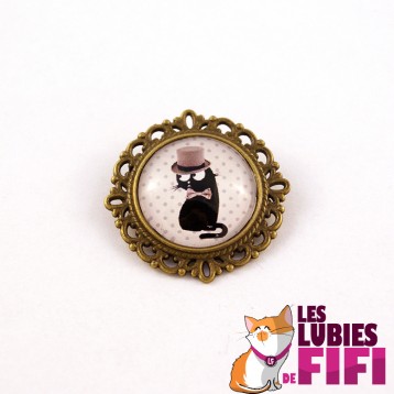 Broche chat : chat noir et son noeud papillon bleu