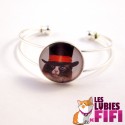 Bracelet chat steampunk : le chat et son haut de forme à ruban rouge