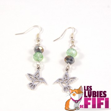 Boucles d'oreille colibri corail et noir